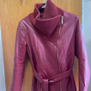 Iman genuine red leather asymmetrical gold zip belted jacket small
